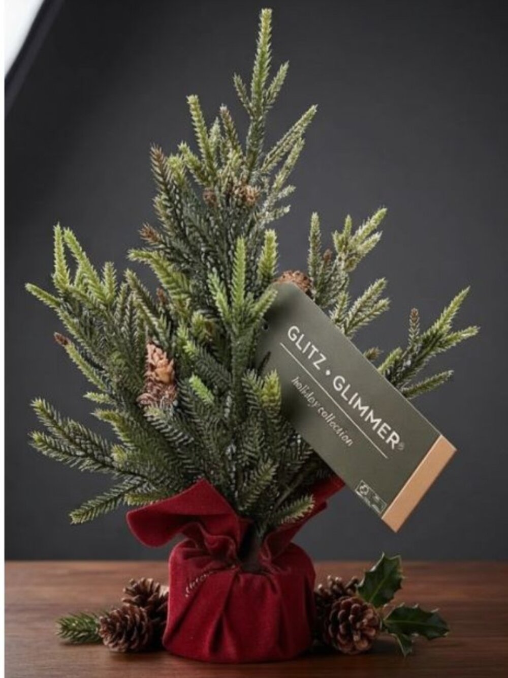 NWT GLITZ + GLIMMER 12" SMALL CHRISTMAS PINECONE GLITTERED TREE RED BASE